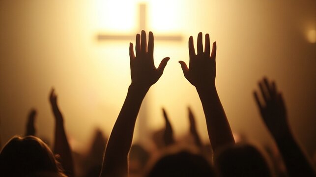 Christian Congregation hands Worship God together in front of wooden cross in cloudy sky, conceptual image of praise and worship