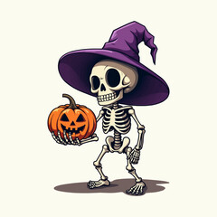 A skeleton holding a pile of Jack-o'-lantern holding a pumpkin. Skeleton and pumpkin Halloween concept illustration for t shirt printing