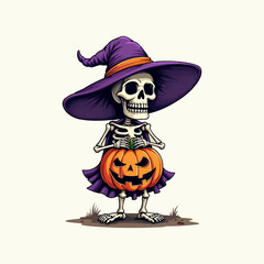 A skeleton holding a pile of Jack-o'-lantern holding a pumpkin. Skeleton and pumpkin Halloween concept illustration for t shirt printing