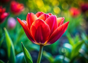 Close-Up View of Vibrant Red Tulip Flower in Tilt-Shift Focus for Garden and Floral Photography