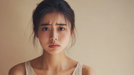 A minimalist portrait of a sad Asian woman captures raw emotion with soft lighting and a neutral beige background
