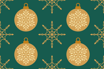 Christmas seamless pattern. Snowflakes,  Christmas ball and ornaments background design for decoration on Christmas card, banner, wrapping, wallpaper, textile, fashion.