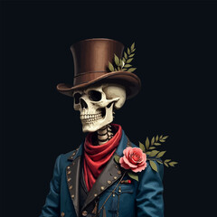 A skeleton in a top hat with roses happy Halloween theme vector illustration. editable vector handsome skeleton with roses 