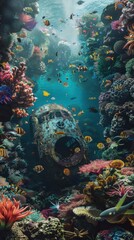 Magical undersea relics amidst vibrant reefs, 4K hyperrealistic photo