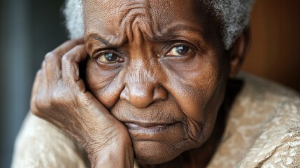Reflective portrait of an elderly black woman conveying deep emotion against a soft, neutral background