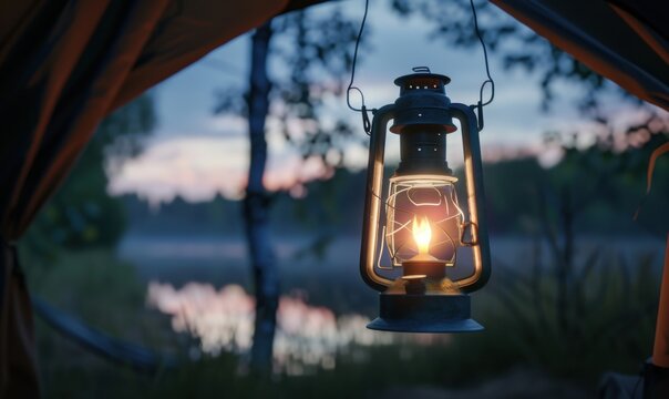 Camping lantern hanging inside a tent at dusk, 4K hyperrealistic photo