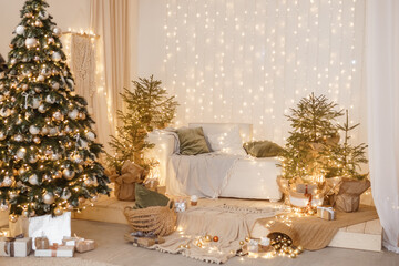 Interior bedrooms in Scandinavian style, decorated for the Christmas holidays. Live ate in the interior.