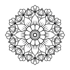 Floral Mandala Design with Intricate Petal Patterns in Black and White for Coloring Book Page