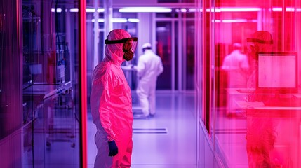 A scientist in protective gear stands in a brightly lit corridor, emphasizing safety and innovation in a laboratory setting.