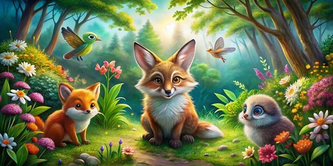 Colorful Animated Animals in a Whimsical Landscape with Copy Space for Creativity