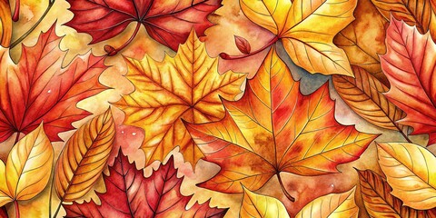 Fototapeta premium Colorful Autumn Watercolor Illustration Pattern for Stationery and Prints