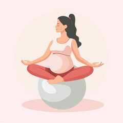 Pregnant woman sitting on fitball holding her belly Mother in labor flat vector illustration