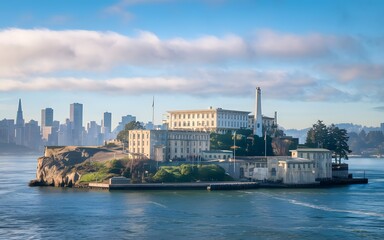 Naklejka premium A photo of Alcatraz Island from the shore of San Francisco Bay. The island is surrounded by water, with a few boats in the foreground. The sky is overcast. The Golden Gate Bridge is visible in the bac