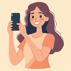 Woman taking selfie photo by mobile camera vector
