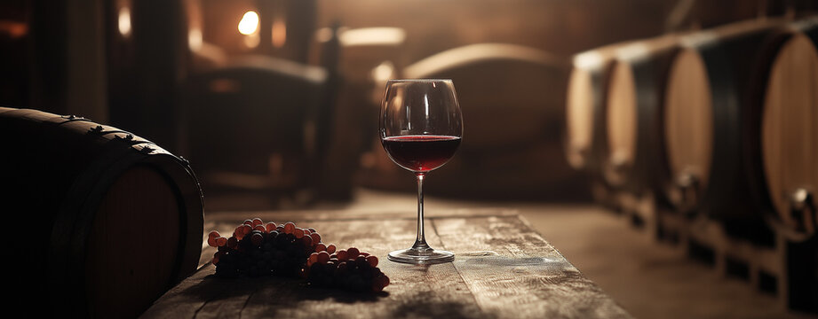 A red wine glass sits on a wooden table in an old winery, surrounded by barrels and grapes. Mendoza Argentina Vinoteca 