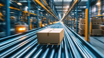 A cardboard box moves swiftly along a conveyor belt in a modern warehouse, illuminated by overhead lights, signifying efficient logistics and transportation.