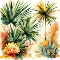 Obraz premium Vibrant tropical foliage featuring lush palms and colorful aquatic plants in harmony