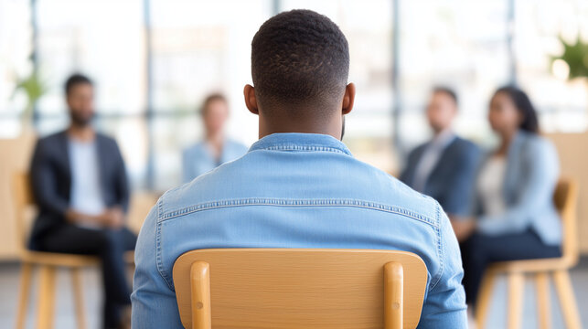 Man facing panel for an interview A detailed image from the back of a man sitting on a wooden chair, facing a panel of four interviewers. He is wearing a light blue denim shirt, an