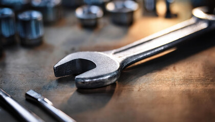 Metallic wrench on workbench. Working tool. Hard work and craftsmanship in garage setting