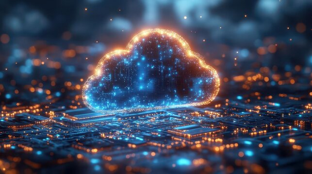 cloud floating above a futuristic circuit board illustrating the concept of cloud computing with vibrant blue and white hues conveying the merging of nature and technology