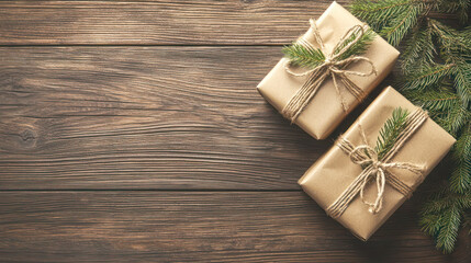 Eco-friendly wrapped gifts with twine and pine branches on a rustic wooden background with copy space.