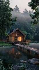 Fototapeta premium Serene lakeside cabin with a wooden dock, 4K hyperrealistic photo
