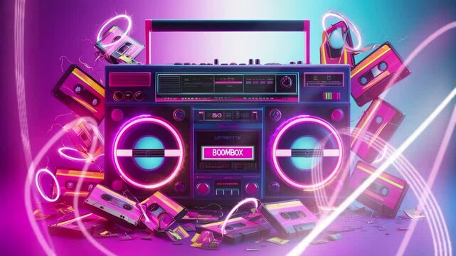 Retro boombox on a gradient background, with neon colors applied to the buttons, dials and boombox cassettes scattered around it. seamless looping 4k video background animation