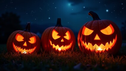 Carved Pumpkins Glowing Under a Starry Night Sky with a Misty Ambiance