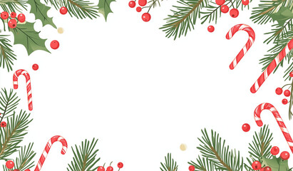 Christmas border frame with evergreen branches, holly berries, and candy canes on a white background. Vector illustration of a winter floral border for a greeting card or poster design.