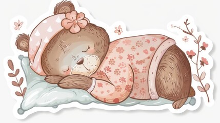cartoon baby bear wearing pink pajamas and beanie sleeping on pillow 