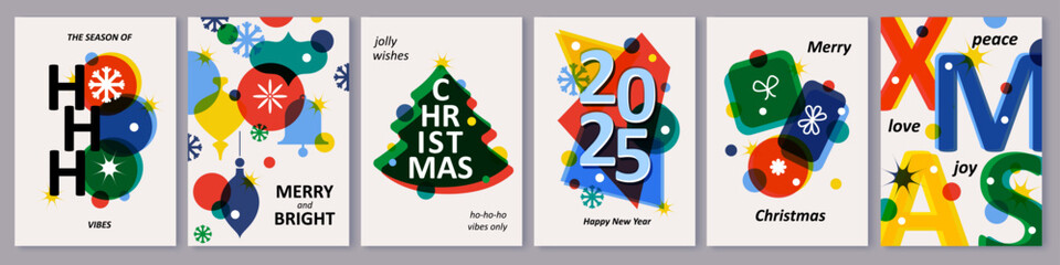 Set of creative colorful cards, flyers, posters for 2025 New Year. Numbers design. Christmas greetings. Modern minimal flat style. Bright colors.  Confetti, gift boxes, bell, Christmas trees.