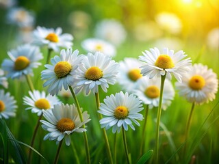 Fototapeta premium Tilt-Shift Photography of Daisies in a Lush Green Field - Nature's Beauty
