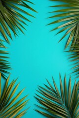 Naklejka premium Lush green palm leaves framing a turquoise background.