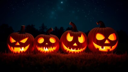 Carved Pumpkins Glowing Under a Starry Night Sky with a Misty Ambiance