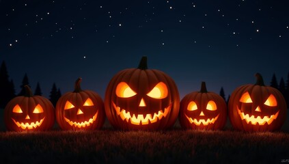 Carved Pumpkins Glowing Under a Starry Night Sky with a Misty Ambiance