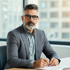 portrait of a smiling businessman sitting at a table