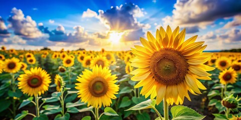 Fototapeta premium Tilt-Shift Photography of Vibrant Sunflowers in a Field Under Bright Blue Sky