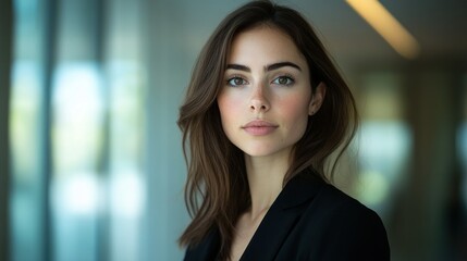 A young woman with long brown hair looks directly at the camera. She is wearing a black blazer and has a serious expression on her face.