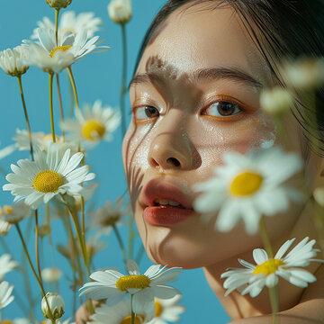 Skincare editorial shoot of an asian model with daisies in front of a blue background