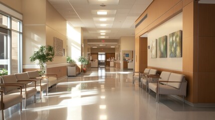 Functional hospital decor with clean lines, minimalist furniture, and calming wall accents
