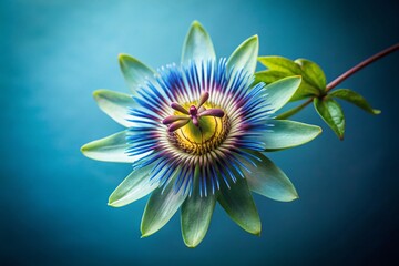 Obraz premium Time Lapse of Passiflora Flower Opening Against Serene Blue Background for Stunning Minimalist Photography