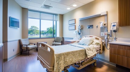 Functional hospital room decor with modern furniture, soft lighting, and calming wall colors