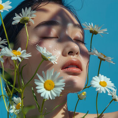 Skincare editorial shoot of an asian model with daisies in front of a blue background