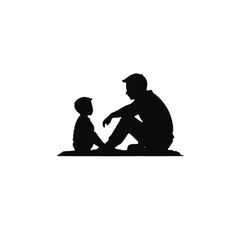 A silhouette of an adult man sitting on the ground and a young child sitting next to him, 