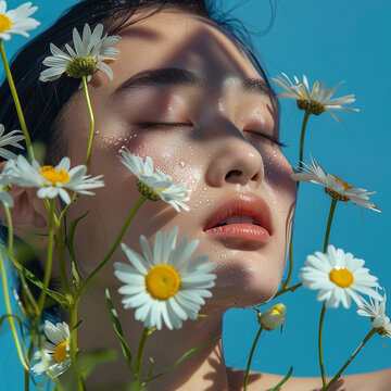 Skincare editorial shoot of an asian model with daisies in front of a blue background