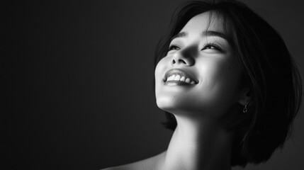 A joyful Asian woman with a soft smile gazes upward in a minimalist black and white portrait highlighting human emotions