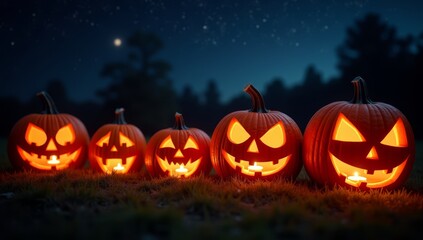 Carved Pumpkins Glowing Under a Starry Night Sky with a Misty Ambiance