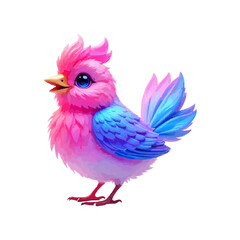 A colorful, abstract bird with vibrant pink, blue, and purple fur sitting against a white background