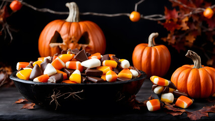 Halloween Candy Bowl on Decorated Doorstep.