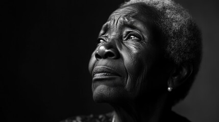 A poignant chiaroscuro portrait of an elderly African woman reflecting deep sorrow against a minimalist backdrop
